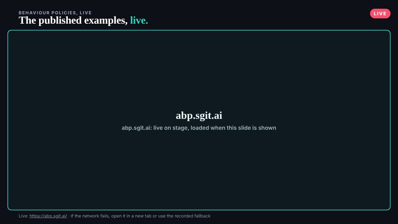 The slide: Agent Behaviour Policies, live