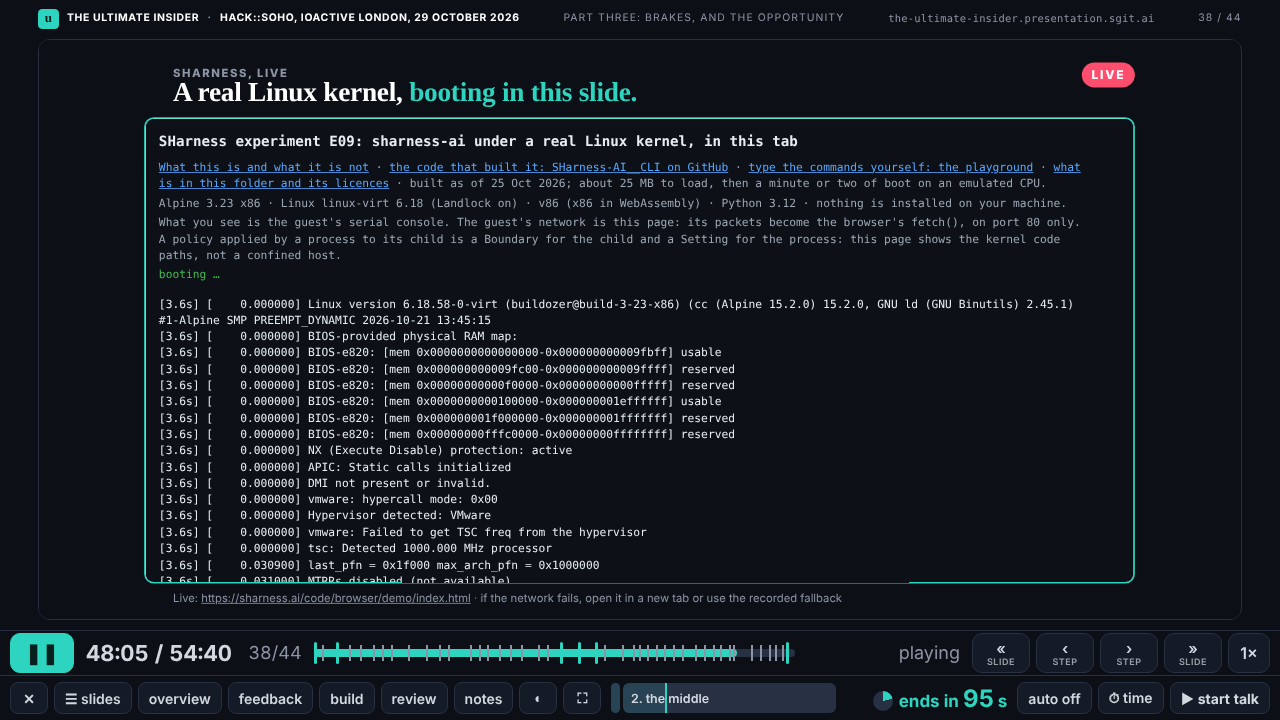Linux booting inside the live slide, in the player