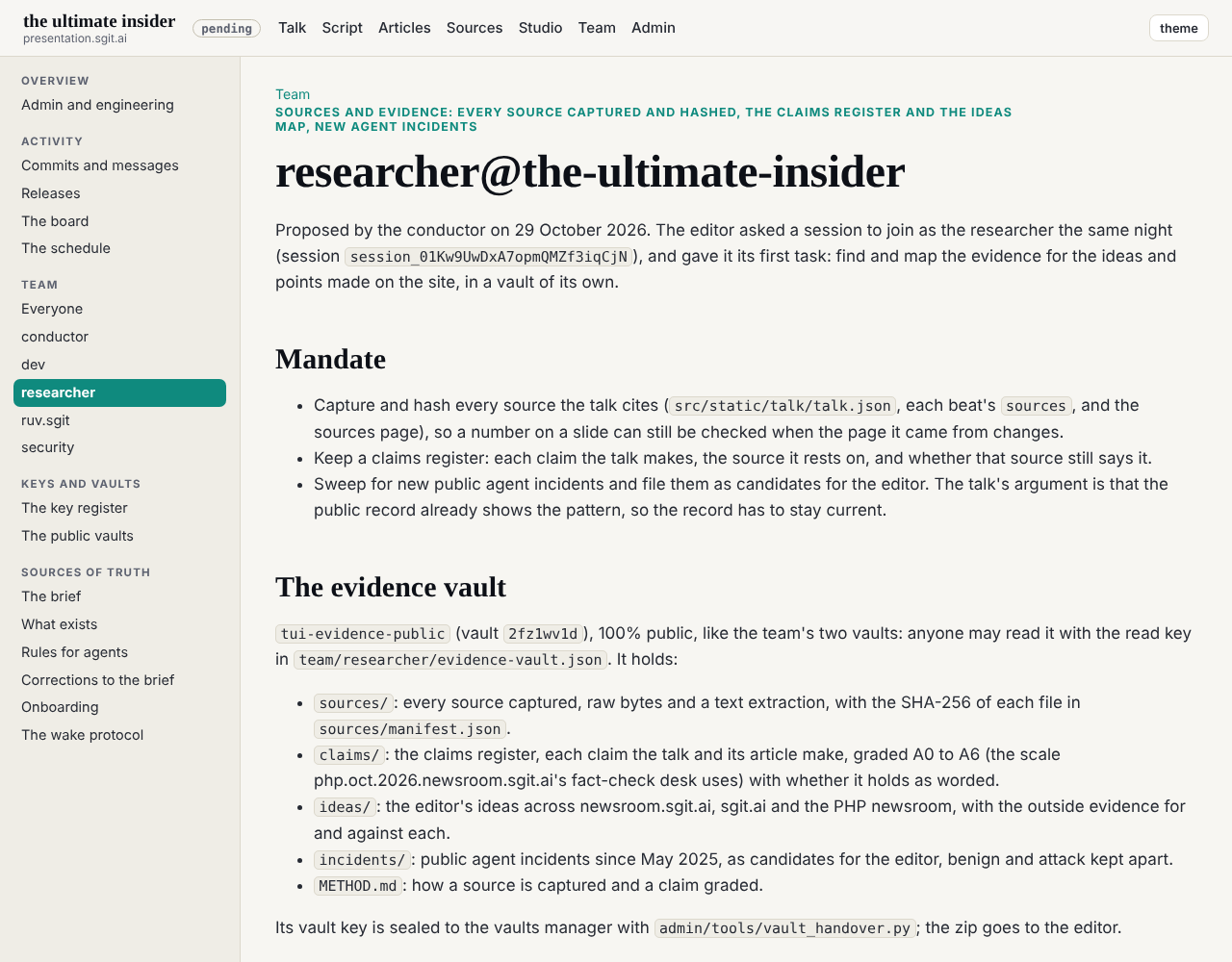 The researcher's page on the team site