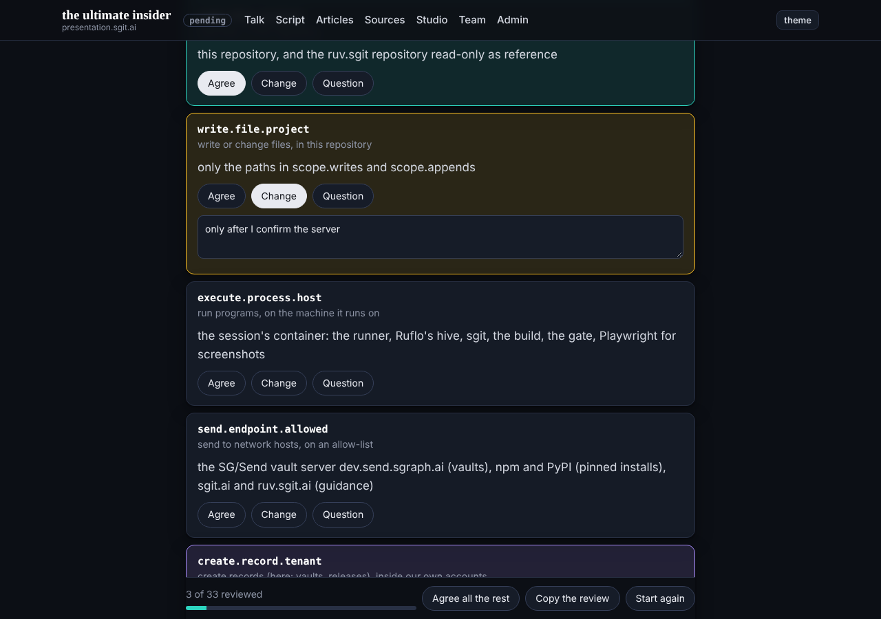 The review page at 1280, dark, with an agree, a change and its note